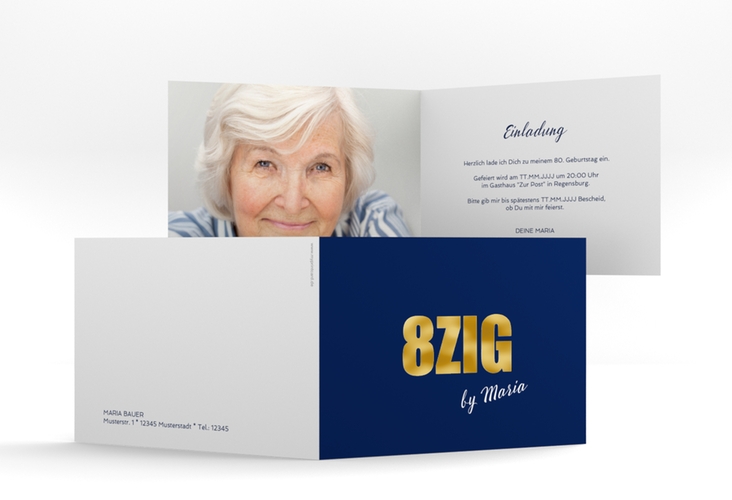 Einladung 80. Geburtstag Zig A6 Klappkarte quer blau gold