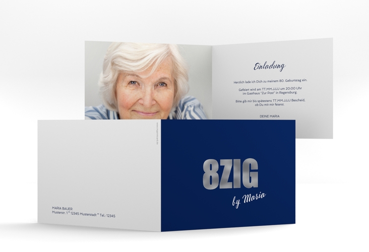 Einladung 80. Geburtstag Zig A6 Klappkarte quer blau silber