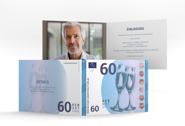 Einladung 60. Geburtstag Geldschein A6 Klappkarte quer blau rosegold