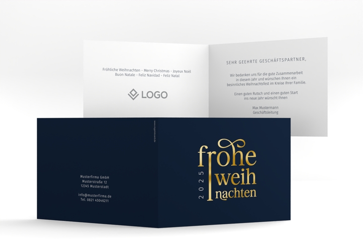 Geschäftliche Weihnachtskarte Präsent A6 Klappkarte quer blau gold