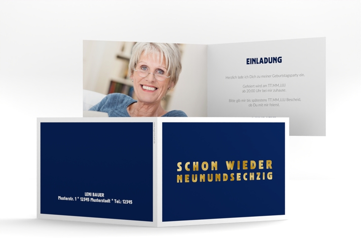 Einladung 70. Geburtstag Gag A6 Klappkarte quer blau gold