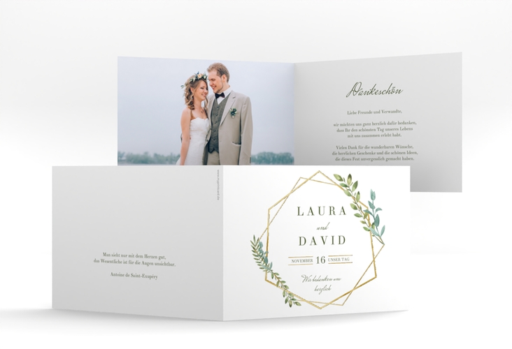 Danksagungskarte Hochzeit Herbarium A6 Klappkarte quer grau gold mit geometrischem Rahmen und Blätter-Dekor