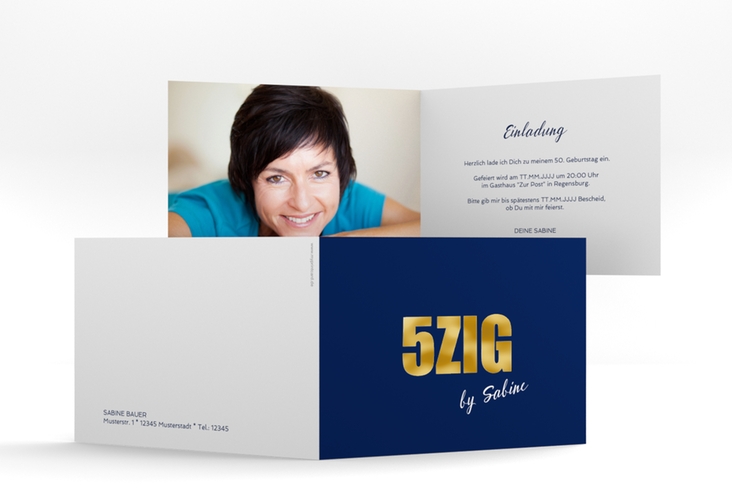 Einladung 50. Geburtstag Zig A6 Klappkarte quer blau gold
