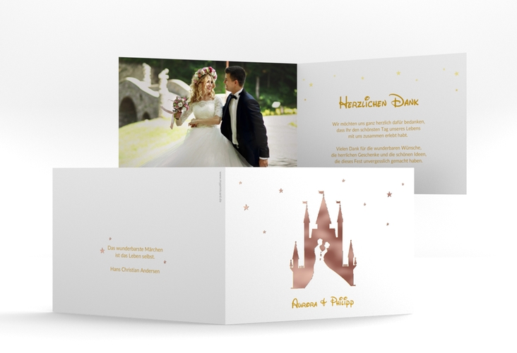 Danksagungskarte Hochzeit Castle A6 Klappkarte quer gold rosegold