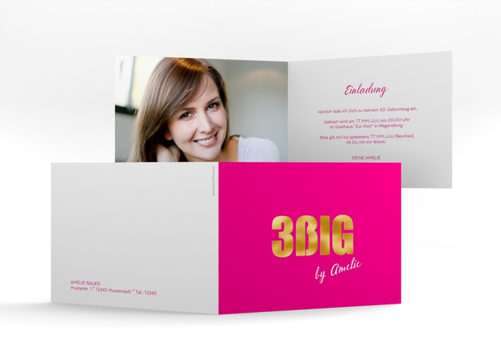 Einladung 30. Geburtstag Zig A6 Klappkarte quer pink gold