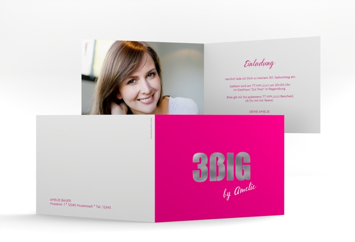 Einladung 30. Geburtstag Zig A6 Klappkarte quer pink silber