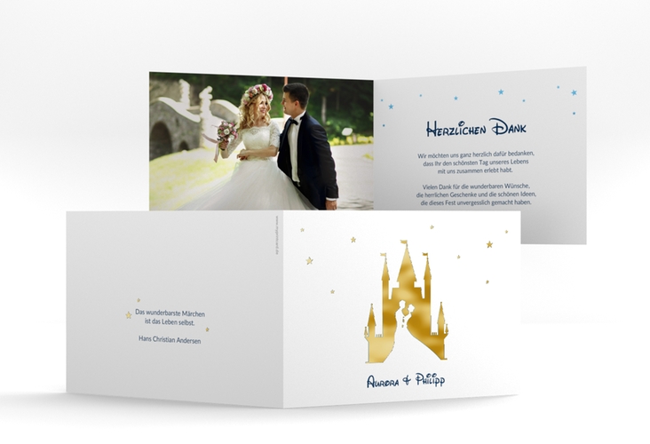 Danksagungskarte Hochzeit Castle A6 Klappkarte quer blau gold