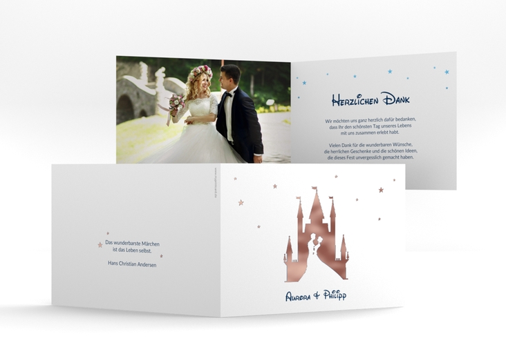 Danksagungskarte Hochzeit Castle A6 Klappkarte quer blau rosegold