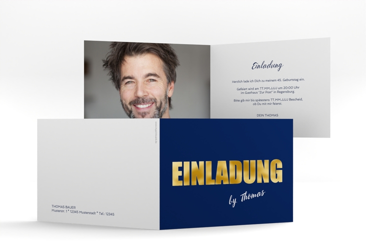 Einladung Geburtstag Zig A6 Klappkarte quer blau gold