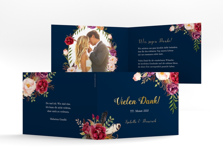 Danksagungskarte Hochzeit Flowers A6 Klappkarte quer blau gold mit bunten Aquarell-Blumen