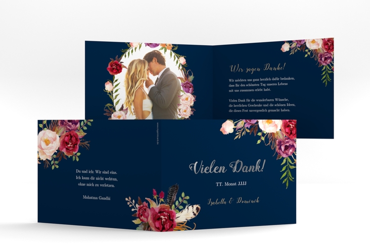 Danksagungskarte Hochzeit Flowers A6 Klappkarte quer blau silber mit bunten Aquarell-Blumen