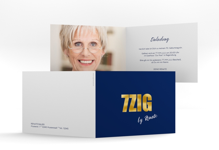 Einladung 70. Geburtstag Zig A6 Klappkarte quer blau gold