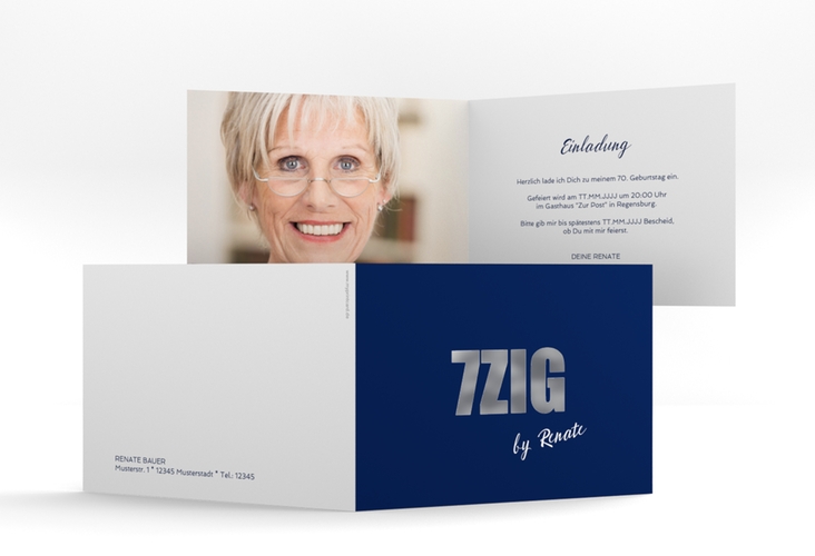 Einladung 70. Geburtstag Zig A6 Klappkarte quer blau silber