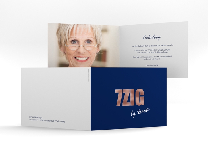 Einladung 70. Geburtstag Zig A6 Klappkarte quer blau rosegold