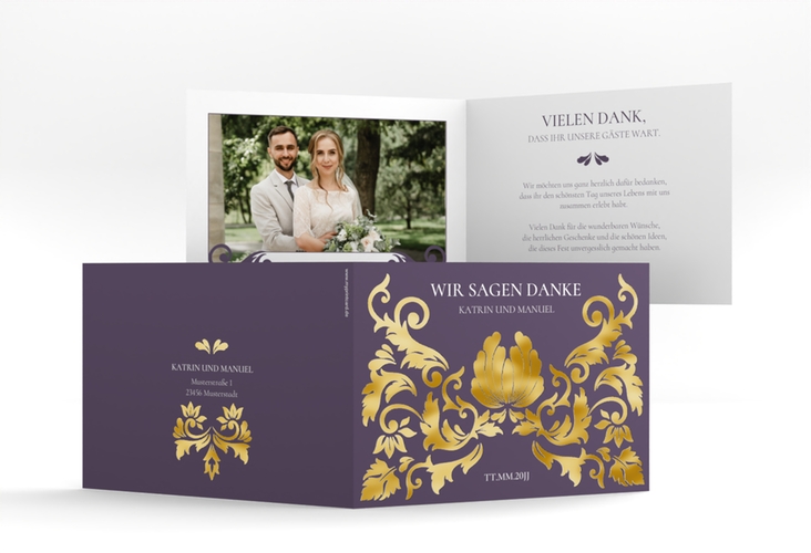 Danksagungskarte Hochzeit Royal A6 Klappkarte quer lila gold mit barockem Blumen-Ornament