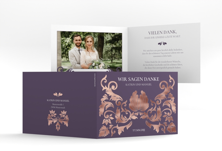 Danksagungskarte Hochzeit Royal A6 Klappkarte quer lila rosegold mit barockem Blumen-Ornament