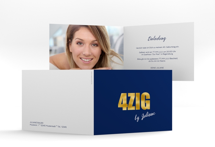 Einladung 40. Geburtstag Zig A6 Klappkarte quer blau gold