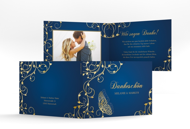 Danksagungskarte Hochzeit Eternity A6 Klappkarte quer blau gold