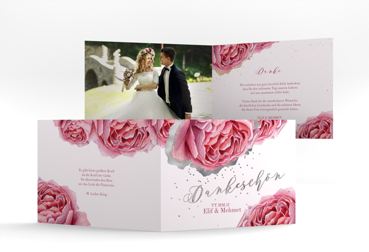 Danksagungskarte Hochzeit Cherie A6 Klappkarte quer rosa silber