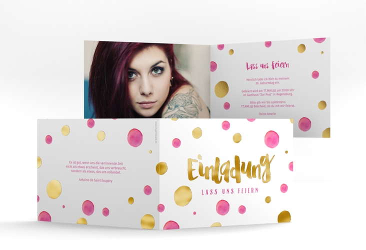 Einladung 30. Geburtstag Dots A6 Klappkarte quer pink gold