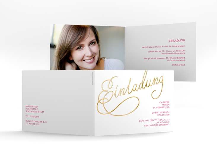 Einladung Geburtstag  Schwungvoll A6 Klappkarte quer pink gold