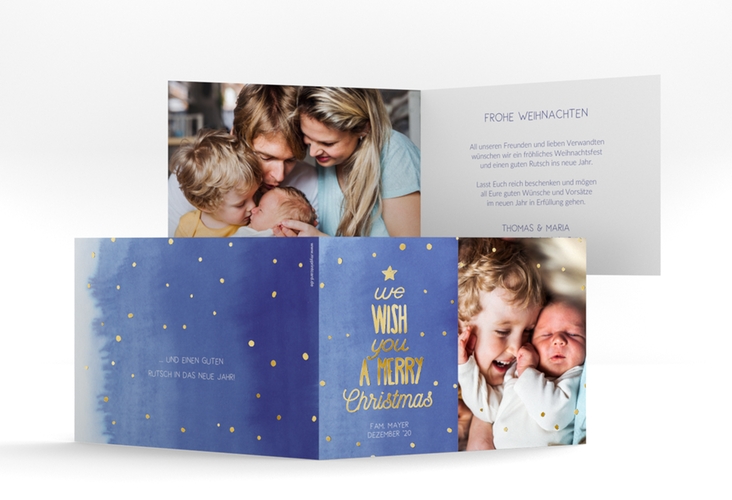 Weihnachtskarte Schneeglitzern A6 Klappkarte quer blau gold im Handlettering-Stil mit Foto