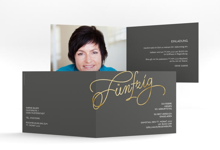 Einladung 50. Geburtstag Schwungvoll A6 Klappkarte quer grau gold
