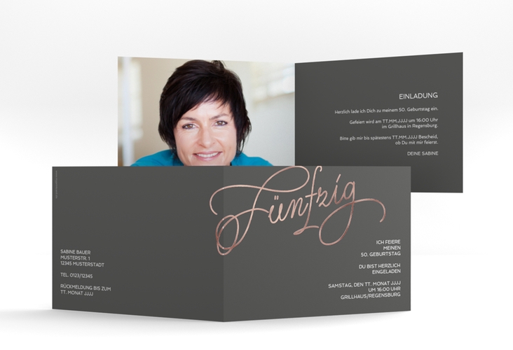 Einladung 50. Geburtstag Schwungvoll A6 Klappkarte quer grau rosegold