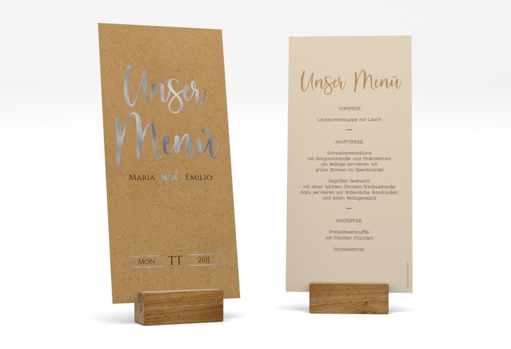 Menükarte Hochzeit Noble lange Karte hoch Kraftpapier silber mit elegantem Schriftzug