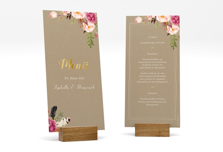 Menükarte Hochzeit Flowers lange Karte hoch Kraftpapier gold mit bunten Aquarell-Blumen