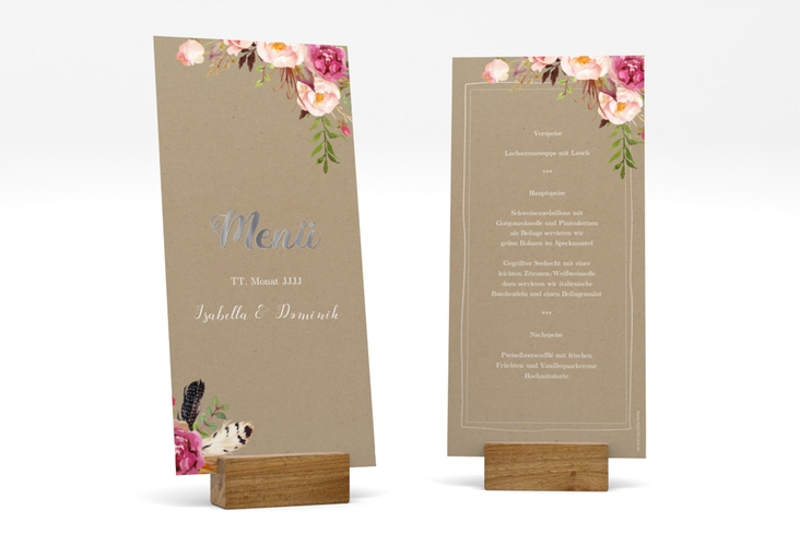 Menükarte Hochzeit Flowers lange Karte hoch Kraftpapier silber mit bunten Aquarell-Blumen