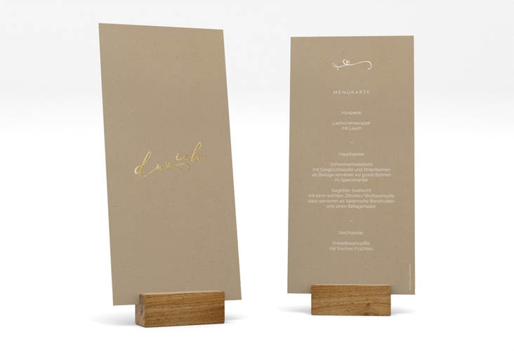 Menükarte Hochzeit Zweisamkeit lange Karte hoch Kraftpapier gold im minimalistischen Stil mit Aufschrift du & ich