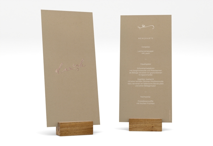 Menükarte Hochzeit Zweisamkeit lange Karte hoch Kraftpapier rosegold im minimalistischen Stil mit Aufschrift du & ich