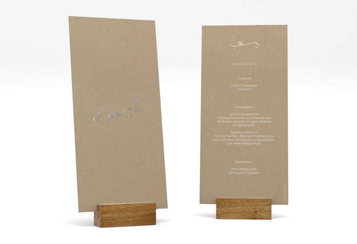 Menükarte Hochzeit Zweisamkeit lange Karte hoch Kraftpapier silber im minimalistischen Stil mit Aufschrift du & ich