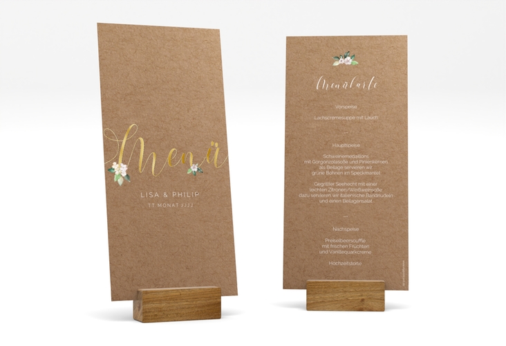 Menükarte Hochzeit Inlove lange Karte hoch Kraftpapier gold