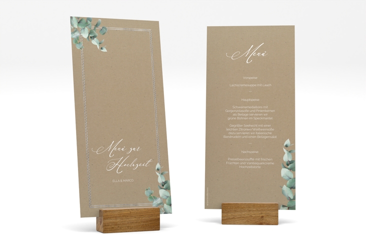 Menükarte Hochzeit Eucalypt lange Karte hoch Kraftpapier silber mit Eukalyptus und edlem Rahmen