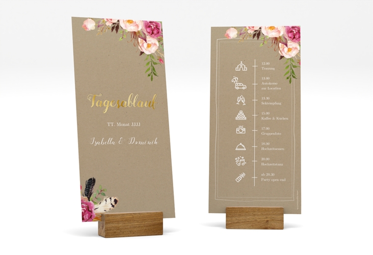 Tagesablauf Hochzeit Flowers lange Karte hoch Kraftpapier gold mit bunten Aquarell-Blumen
