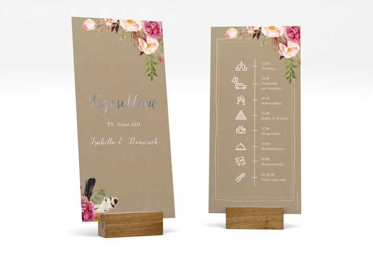 Tagesablauf Hochzeit Flowers lange Karte hoch Kraftpapier silber mit bunten Aquarell-Blumen