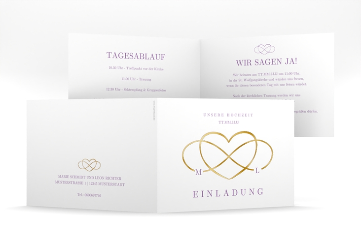 Hochzeitseinladung Infinity mittlere Klappkarte quer lila gold