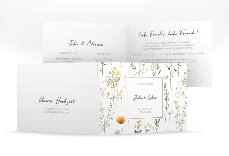 Hochzeitseinladung Blumenwiese mittlere Klappkarte quer bunt silber