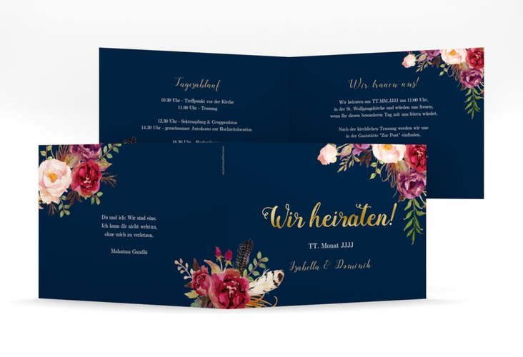 Hochzeitseinladung Flowers mittlere Klappkarte quer blau gold mit bunten Aquarell-Blumen