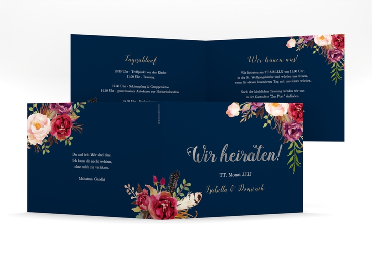 Hochzeitseinladung Flowers mittlere Klappkarte quer blau silber mit bunten Aquarell-Blumen
