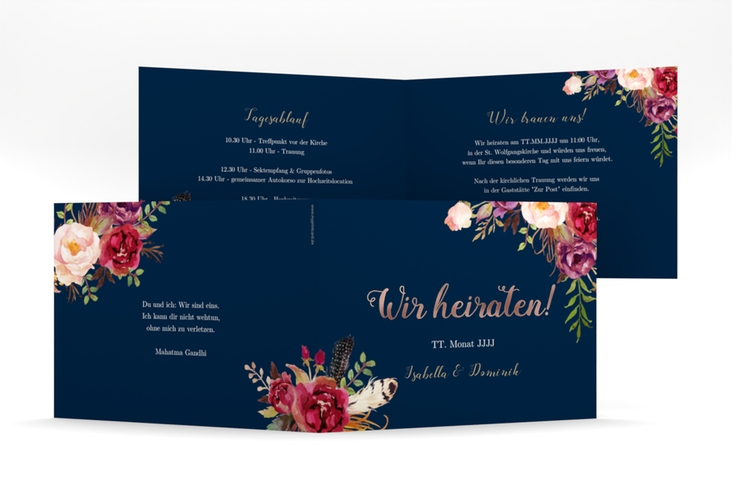 Hochzeitseinladung Flowers mittlere Klappkarte quer blau rosegold mit bunten Aquarell-Blumen