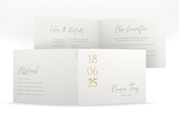 Hochzeitseinladung Day mittlere Klappkarte quer weiss gold mit Datum im minimalistischen Design