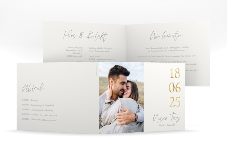 Hochzeitseinladung Unser Tag mittlere Klappkarte quer weiss gold mit Foto und großem Datum