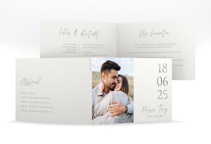 Hochzeitseinladung Unser Tag mittlere Klappkarte quer weiss silber mit Foto und großem Datum