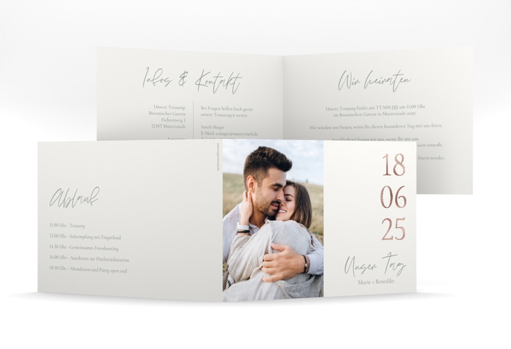 Hochzeitseinladung Unser Tag mittlere Klappkarte quer weiss rosegold mit Foto und großem Datum