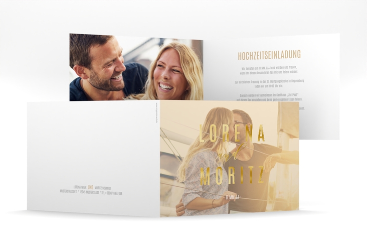 Hochzeitseinladung Memory mittlere Klappkarte quer beige gold