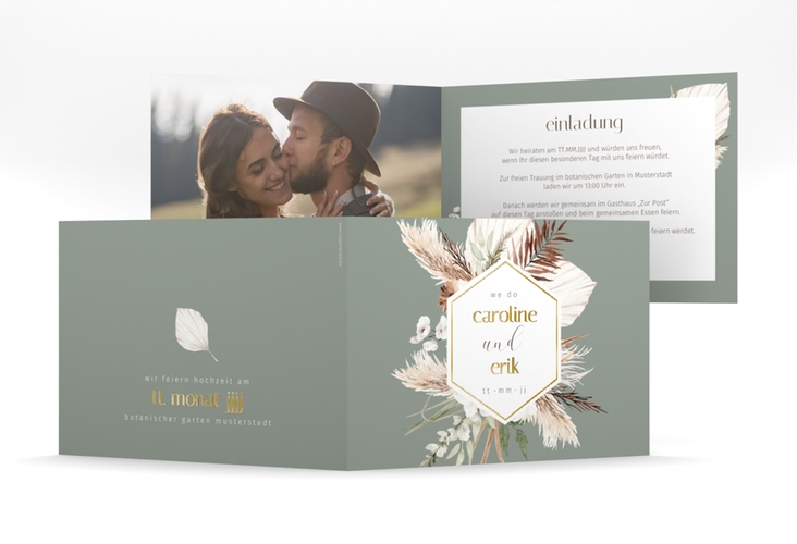 Hochzeitseinladung Bohemian mittlere Klappkarte quer gruen gold