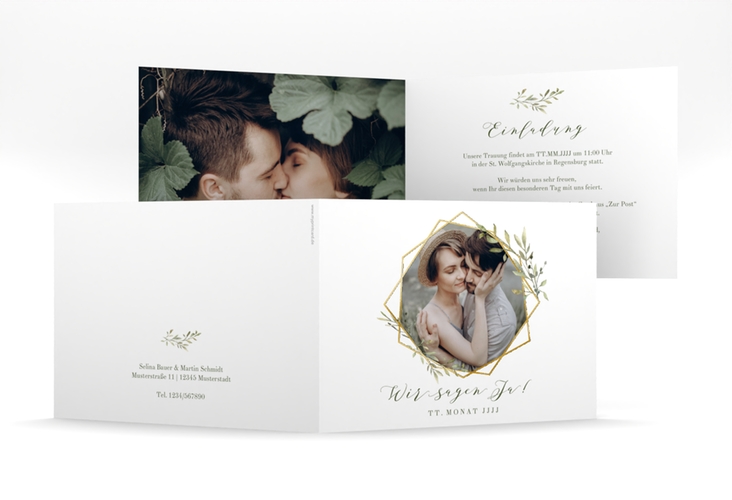 Hochzeitseinladung Acacia mittlere Klappkarte quer weiss gold